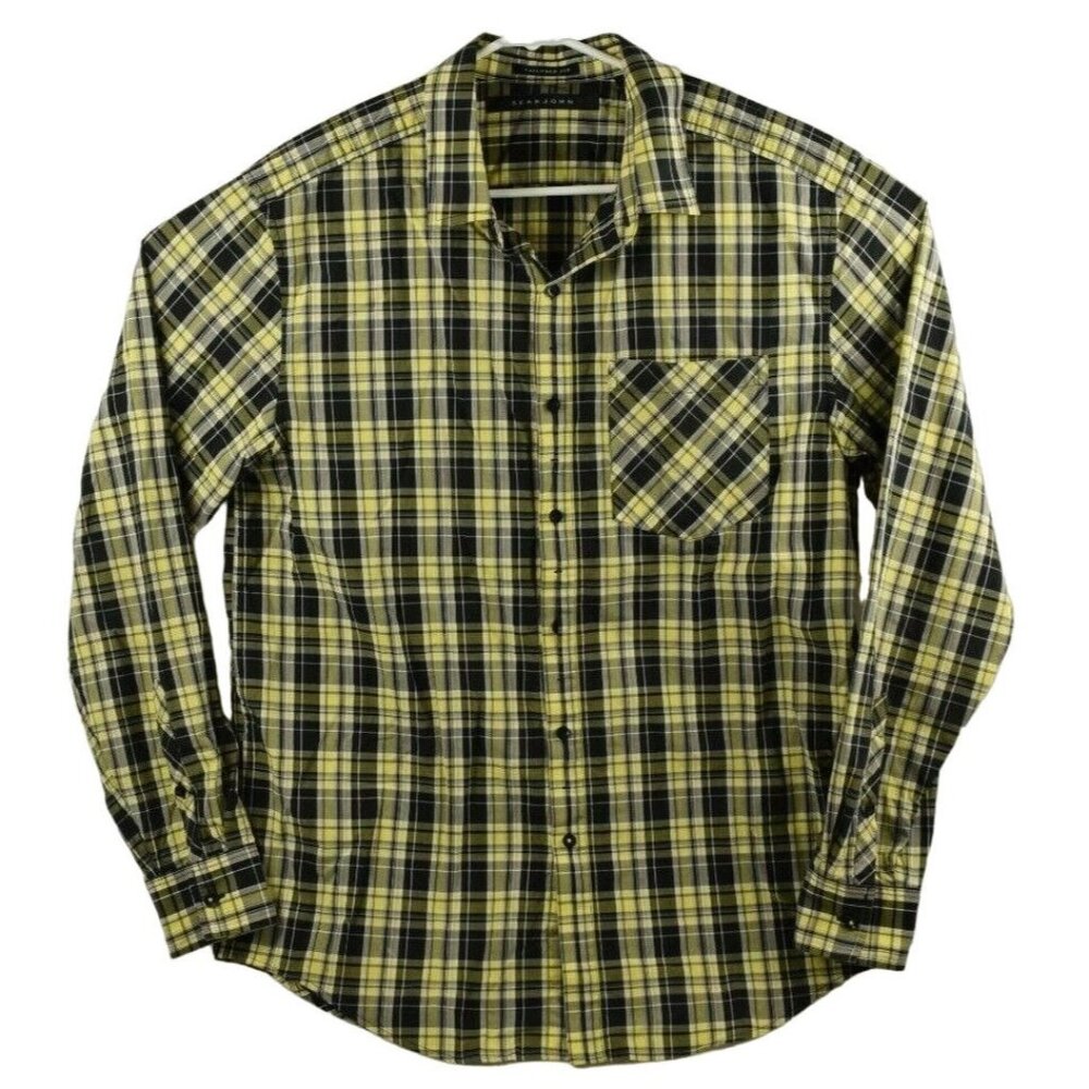 Sean John Mens XL Button Down Pocket Black and Yellow Plaid Shirt Tailored Fit